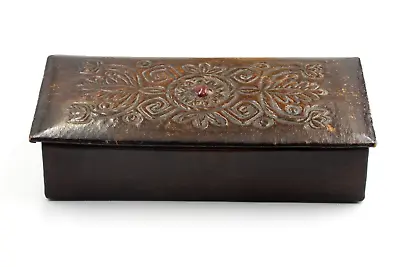 £65 • Buy Arts And Crafts Tooled Leather Box Playing Cards, Trinket 20 Cm X 10 Cm X 4.5 Cm