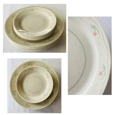 VINTAGE Corelle Dinnerware Plates CALICO ROSE Green  Peach Sandstone 14-Pc Set • $62.88
