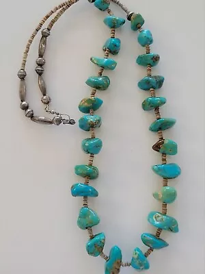 Vtg Old Pawn Navajo 30  Sterling Blue Green Turquoise & Sterling Bead NECKLACE • $56