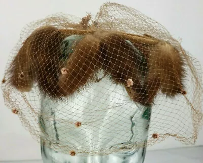 Vintage 1950’s Womens Hat Mink Tails Pillbox Form Netting Vail Made In USA • $14.95