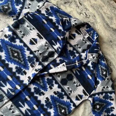 Vintage Aztec Funky Pattern Fleece Shirt Blue Multi Colour **READ** • £18.99