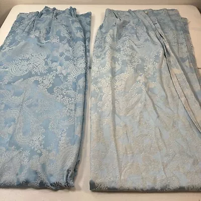 Vintage Pinch Pleat Drapes Curtain Panel Pair Blue Floral Toile Mcm Usa • $70