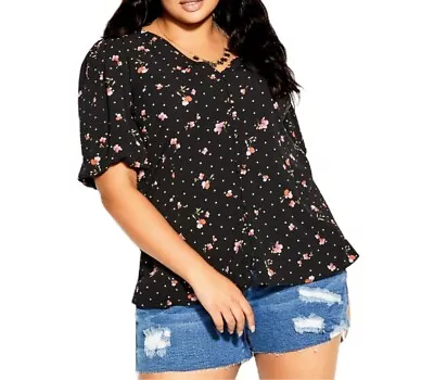 NWT City Chic Spot The Petal Black Floral Polka Dot  Print Button Up Top Sz XXL • $49.58