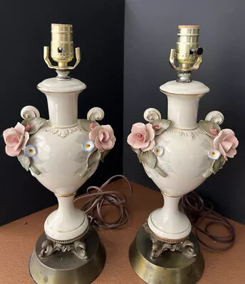 PAIR Capodimonte Porcelain Brass Table Lamps Floral Rewired No Harps/Shades • $150