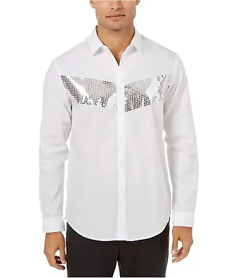 I-N-C Mens Sequins Chest Button Up Shirt White Large • $39.40