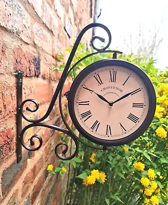 Garden Wall Station Clock Thermometer  Ornament Double Sided Bracket Rust Effect • £23.95