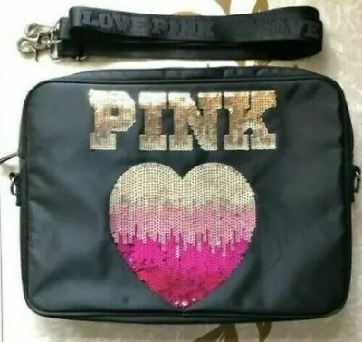 PINK Victoria's Secret Sequin Neoprene Laptop Bag Black W Metallic Pink Heart • $29.99