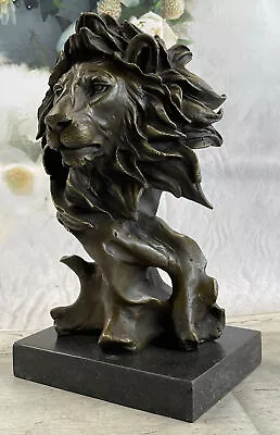 Vintage Brass Or Bronze Lion Head Bust Sculpture Signed Marble Base Statue • $174.50