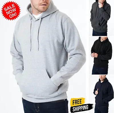 Mens Pullover Hoodie Fleece Sweatshirt Hoody Plain Hooded Winter Top Size S-5XL • £9.99