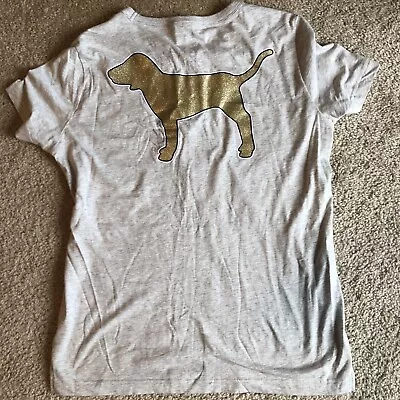 New Victoria Secret Pink  Lace Up Campus Tee Small Grey Glitter Gold Dog Top • $41.12