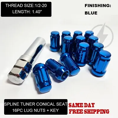 Fit Ford Falcon Thunderbird Mustang Spline Tuner Lug Nut 1/2-20 Blue 16pc+key • $19.43