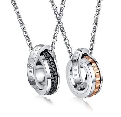 Black Gold Titanium Steel Diamante Double Rings Pendant Lovers Couple Necklace • £4.49