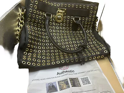 Michael Kors Lg Black Leather Gold Grommet HAMILTON NS MK LOCK Satchel Bag $378 • $299.99