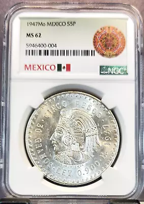 1947 Mexico Silver 5 Pesos Cuauhtemoc Ngc Ms 62 Low Mintage Bright Luster • $74.95