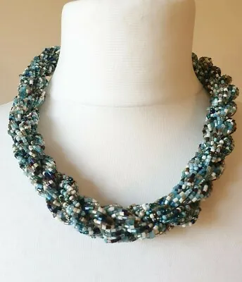 £8 • Buy Blue Twisted Seed Bead Necklace Button Clasp 