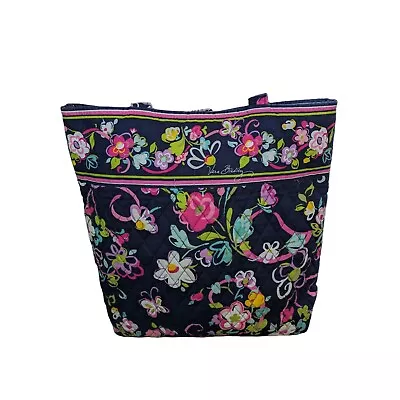 Vera Bradley Ribbons Retired Pattern Large Tote Navy Blue Floral Pockets Toggle • $19.92