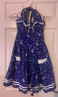 Hell Bunny Vixen Halter Dress Blue Sailor Nautical Patterned Size XS • £28