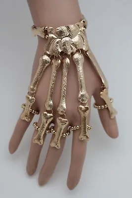 Women Gold Metal Hand Chain Fashion Jewelry Slave Ring Skeleton Skull Bone Charm • $19.99