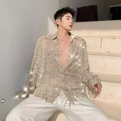 New Men's Long Sleeve Shirt Youth Loose Tie Party Tassel Glitter Sequins Shirts  • $41.52