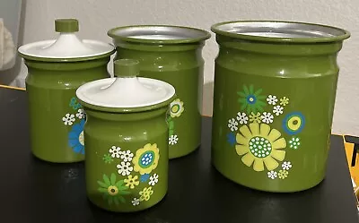 Vintage Kromex Green Daisy Aluminum Canisters Set 4 Flower Power Retro • $45