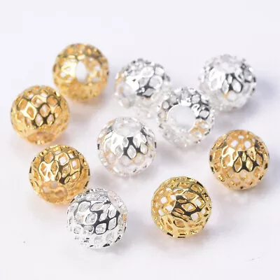 Round Gold/Silver 8mm 10mm Mesh Hollow Metal Loose Beads Lot For Jewelry Making • $2.95