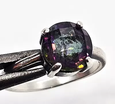 Mystic Topaz Faceted Round Solitaire Used Sterling Silver Ring Size 8 • $26
