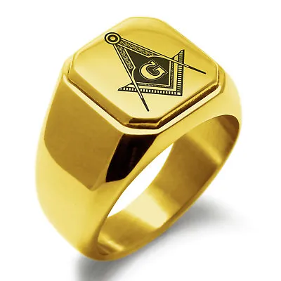 Stainless Steel Masonic Royal Compass Square Mens Square Biker Style Signet Ring • $16.99