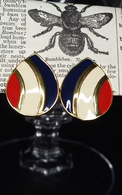 Vintage Enamel Red White And Blue Gold Tone Clip On Earrings • $12.99