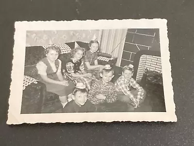 B&W Photo Birthday Party With Hats - 1940's • $2