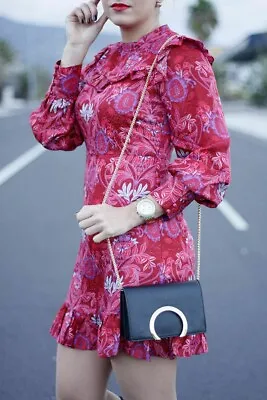 Zara Short Silk Dress Floral Jacquard Dress Frill Long Sleeves Zip Size L New • $123.30