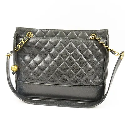 CHANEL Matelasse Chain Shoulder Tote Bag Caviar Skin Leather Black Vintage 78926 • $978