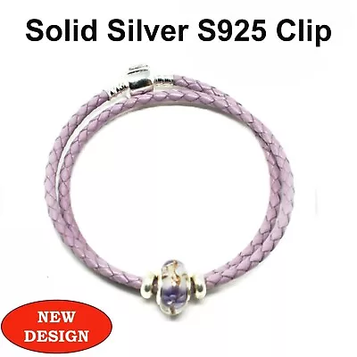 Double Leather Bracelet With S925 Silver Clip Stoppers & Murano Charm In Lilac • £14.99
