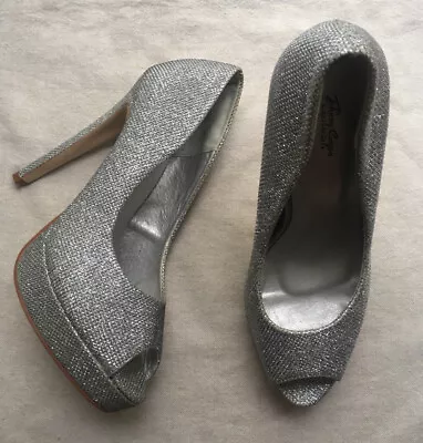 Johnny Cugon London Silver Sparkle Glitter Peep Toe Heel Platform Shoes 5 38 • £19.99