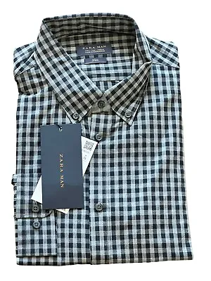 Zara Man Button Down Shirt Gray Blue Check Long Sleeve 5016/402 L Slim Fit Nwt • $28.04