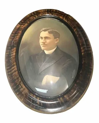 Antique Tiger Wood Oval Frame | Convex Glass Bubble | Man In Suit | 24x18 • $49.99