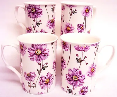 Japanese Anemone Mugs Set 4 Fine Bone China Floral Castle Cups Hand Decorated UK • £22.50