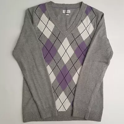 Van Heusen Mens Size Med Sweater Diamond Pattern Argyle Gray 100% Cotton • $30.05