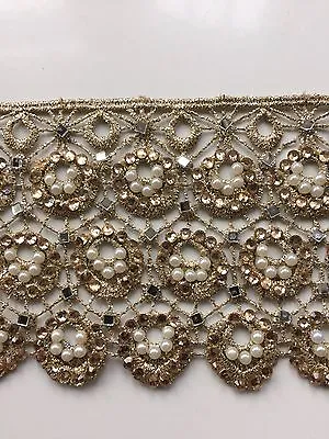 INDIAN FINE GOLD THREAD CUTWORK CRYSTALS PEARL & MIRRORS LACE/TRIM-1 Metre • £8.50