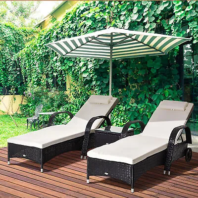 3PC Rattan Sun Lounger Wicker Sofa Day Bed Recliner Furniture Garden Patio Black • £239.99