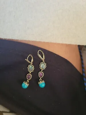 $20 • Buy Sterling Silver Dangle Earrings, Turquoise, Purple, Green Signed Carolyn Pollack