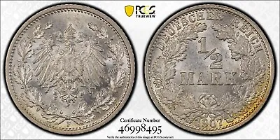 1907-F Germany Empire 1/2 Mark Coin PCGS MS63 J.16 • $75