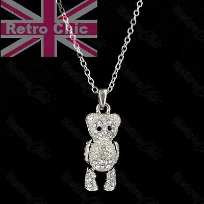 £3.99 • Buy KITSCH Crystal TEDDY BEAR Moveable PENDANT&CHAIN Necklace Set SILVER FASHION SET