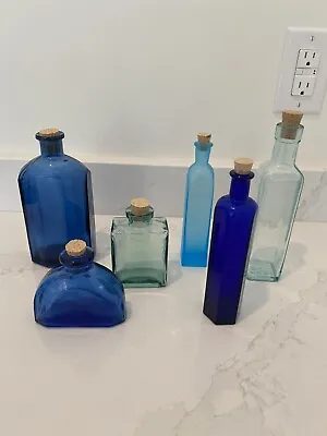Apothecary Bottles Set Of Six Various Sizes Blue And Green With Corks • $35