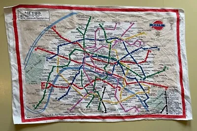 Vintage 1950s Irish Linen Tea Towel Paris Metro Train Map • £12