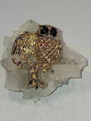 Napier Brooch Vintage Pin Gold Tone Owl On Branch Brooch Green Rhinestone Eyes • $18.99