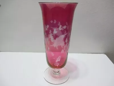 Vintage Footed Glass Vase Cranberry Pink Etched Cut Floral 9 3/4  Tall • $27.89