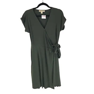 Michael Kors Womens Faux Wrap Dress Tie Side V Neck Stretch Olive Green M • $21.24