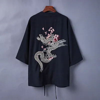 Men Kimono Yukata Coat Jacket Cardigan Embroidery Floral Dragon Outwear New • £31.18