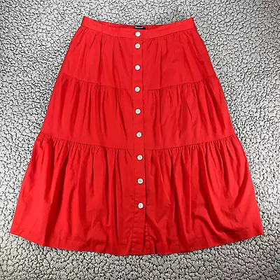 Madewell Bistro Skirt Women's Small Tiered Midi Red Lined Button 100% Cotton • $16.02