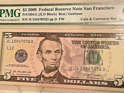 2009 $5 Five Dollar San Francisco Federal Reserve Note PMG Gem UNC • $28